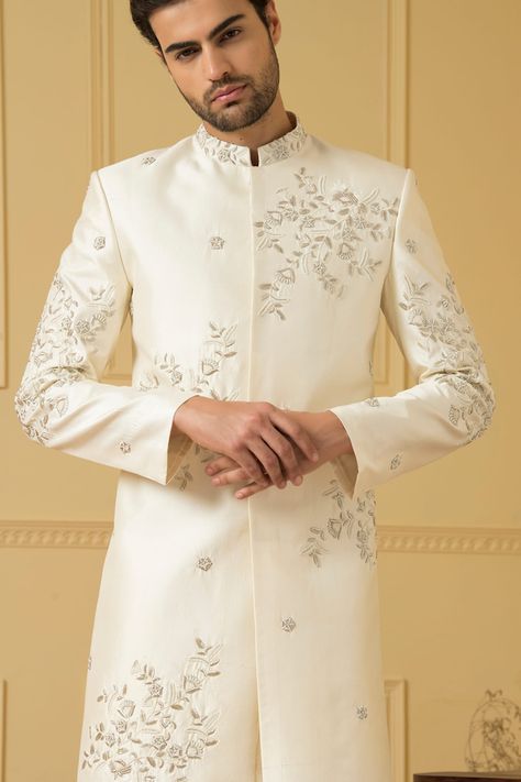 Buy White Dupion Silk Hand Embroidered Pearl Crema Zardozi Sherwani For Men by Hilo Design Online at Aza Fashions. Indian Wedding Clothes For Men, Sherwani For Men Wedding, Zardozi Work, Sherwani For Men, Men's Ethnic Wear, Indo Western Dress, Men Cream, Ethnic Outfits, Dupion Silk