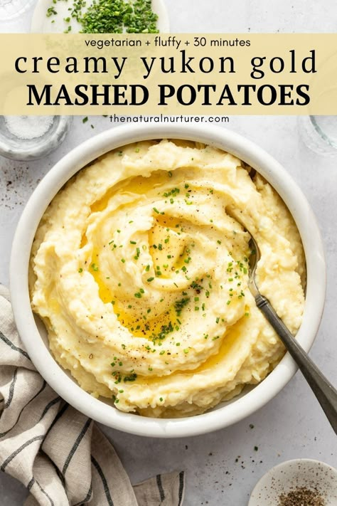 These Yukon Gold Mashed Potatoes are so, so good! They are creamy + fluffy in texture, lightened up, and have just the right amount of buttery, garlicky flavor. Done + on the table in about 30 minutes. Ultra Creamy Mashed Potatoes, Rosemary Mashed Potatoes, Yukon Gold Mashed Potatoes, Garlic Parmesan Mashed Potatoes, Healthy Mashed Potatoes, Creamy Mashed Potatoes Recipe, Make Ahead Mashed Potatoes, Garlic Mashed Potatoes Recipe, Gordon Ramsey Recipes