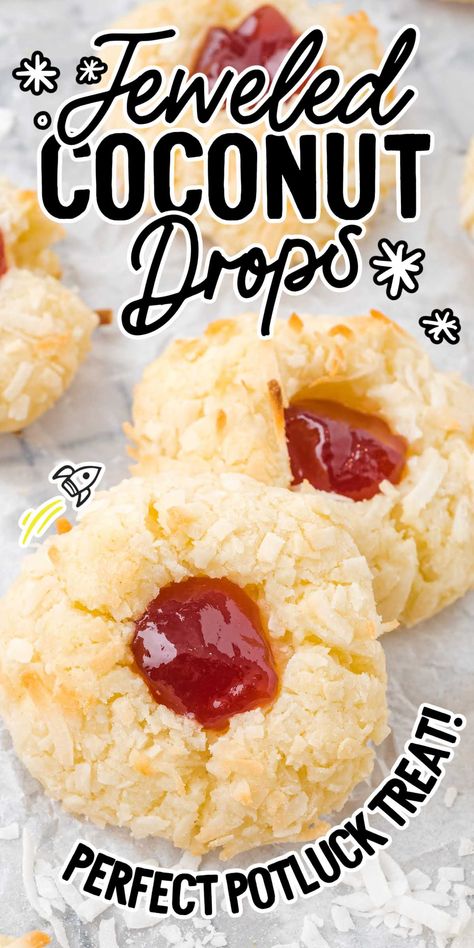 Coconut Thumbprint Cookies Coconut Jam Cookies, Jeweled Coconut Drops, Coconut Christmas Cookies, Coconut Cookie Recipes, Coconut Drop Cookies, Drop Cookies Recipes, Coconut Jam Drops, Coconut Drops Recipe, Coconut Thumbprint Cookies