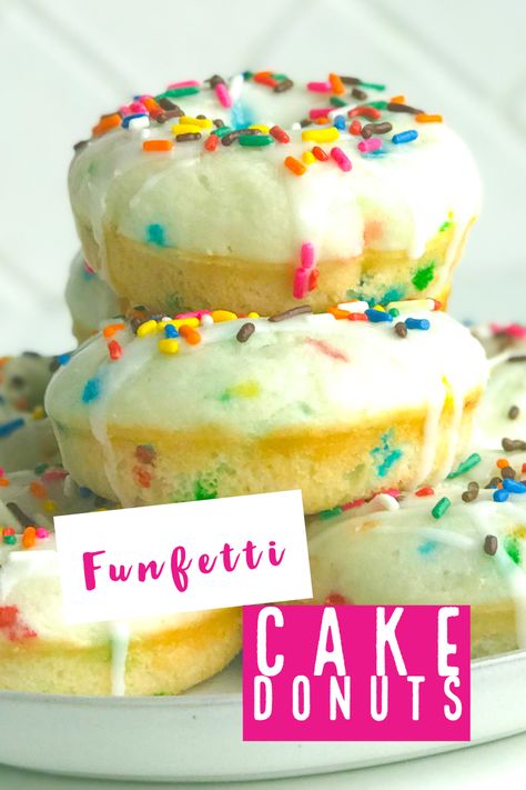 Boxed Cake Donut Recipe, Funfetti Donuts Baked, Funfetti Bundt Cake Easy Recipes, Cake Donut Recipe Baked, Baked Funfetti Donut Recipes, Funfetti Cake Mix Pancakes, Funfetti Pancakes With Cake Mix Easy, Cake Mix Donuts Recipe, Confetti Cake Recipes