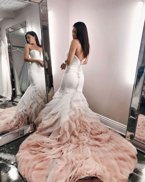 Wearing: Kelly Faetanini 'Joan' Gown  ♡♡♡ first thoughts on wedding dress shopping + my wedding dress moodboard: https://www.fashionlush.com/wedding-dress-moodboard/  #weddingdress #kellyfaetanini #wedding dressinspiration #modernweddingdress Pink Trumpet Wedding Dress, Pink White Wedding Dress, Pink Blush Wedding Dress, Sateen Wedding Dress, Soft Pink Wedding Dress, Pink Mermaid Wedding Dress, Pink Wedding Dress Mermaid, Fairytail Dress, Pink Ombre Wedding Dress