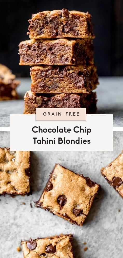 Tahini Blondies, Refined Sugar Free Desserts, Paleo Friendly Desserts, Chocolate Chip Blondies, Grain Free Desserts, Dairy Free Chocolate Chips, Ambitious Kitchen, Paleo Recipes Dessert, Paleo Chocolate