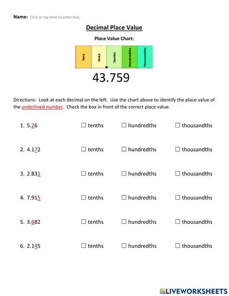 Decimal Place Value Worksheet, Place Value Decimals, Letter S Activities, Adding Worksheets, Decimal Place Value, Excel Worksheet, Rounding Decimals, Place Value With Decimals, Place Value Chart