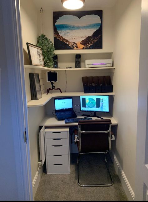 Extra Small Office Ideas, Workroom Ideas Small Spaces, Mini Office Space Ideas, Tiny Office Storage Ideas, Closet Office Ideas Small Walk In Diy, Cloffice Under Stairs, Tiny Workspace Ideas, Small Walk In Closet Office, Small Office Aesthetic