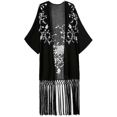 Rhapsody Embroidered Fringed Kimono ($26) ❤ liked on Polyvore featuring intimates, robes, black, flower kimono, kimono robe, embroidered robes, fringe kimono and embroidered kimono Print Coat Outfit, Gilet Kimono, Embroidered Robes, Cardigan Kimono, Kimono Vintage, Embroidered Kimono, Fringe Kimono, Boho Style Outfits, Black Kimono