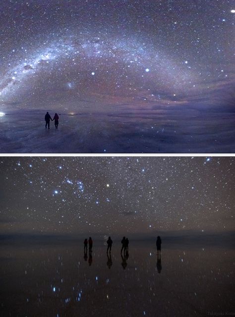 A sky full of stars, under your feet. Imagine a sky so bright that it reflects in the water below you. When The Night Comes, Uyuni Bolivia, Stars In The Sky, Sky Full Of Stars, New Energy, A Mirror, Starry Sky, In Space, Bolivia