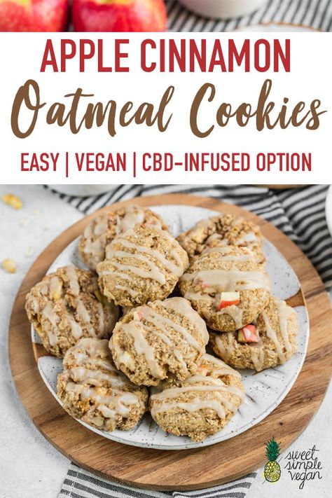 Celebrate fall with these easy peasy vegan apple cinnamon oatmeal cookies! They require just 11 simple ingredients and are ready in less than 30 minutes. Let's get baking! #applecinnamon #oatmeal #cookies #CBD #infused #vegan #glutenfree #fallbaking #veganbaking #holiday #dessert #kids #sweetsimplevegan #30minutes #10ingredient Vegan Apple Oatmeal Cookies, Vegan Apple Cookies, Apple Cinnamon Oatmeal Cookies, Apple Cinnamon Cookies, Vegan Cookie Recipes, Apple Cider Cookies, Cinnamon Oatmeal Cookies, Fall Desserts Apple, Oatmeal Cookies Easy