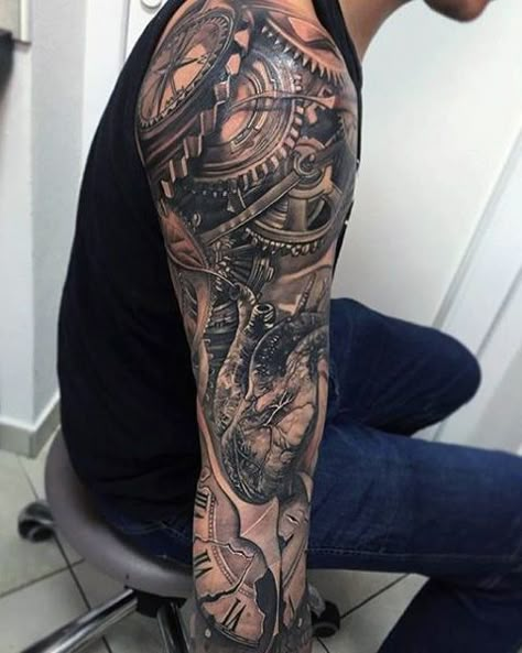 Male Full Sleeves Mechanical Gear Tattoo William Tattoo, Jesse Tattoo, Rob Tattoo, Mechanical Sleeve Tattoo, Steampunk Tattoos, Biomechanical Tattoos, Bio Mechanical, Gear Tattoo, Unique Half Sleeve Tattoos