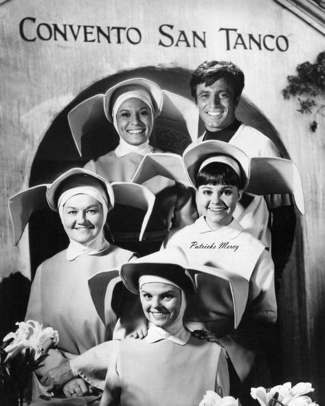 “The Flying Nun” cast in 1968 at the Convent San Tanco in Puerto Rico. Pictured: Shelly Morrison, Alejandro Rey, Marge Redmond, Sally Fields, and Madeline Sherwood Nun Pictures, Sally Fields, Flying Nun, The Flying Nun, Sally Field, Retro Tv, Hollywood Celebrities, Puerto Rico, Tv Series