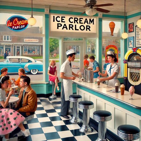 1950s Ice Cream Shop, Vintage Laundromat Aesthetic, Vintage Ice Cream Sign, Old Ice Cream Shop, Retro Laundromat, Vintage Ice Cream Shop, Cafe Designs, Ice Cream Sign, Miniature Ideas