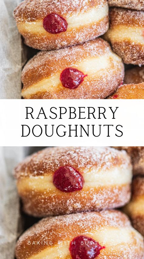 Treat yourself to the ultimate dessert with raspberry doughnuts, featuring a soft dough and sweet raspberry filling. Doughnut Filling Recipe, Homemade Raspberry Jam, Doughnut Recipe Easy, Donut Filling, Homemade Donuts Recipe, Filled Donuts, Raspberry Recipes, Breakfast Sweets, Raspberry Filling