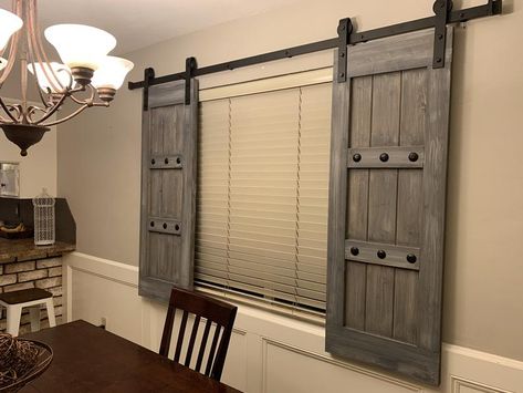 Barn Door Window Covering, Window Shutters Indoor, Shutters Diy, Shutters Indoor, Barn Door Shutters, Shutters Window, Rustic Window Treatments, Bed Window, Basement Window