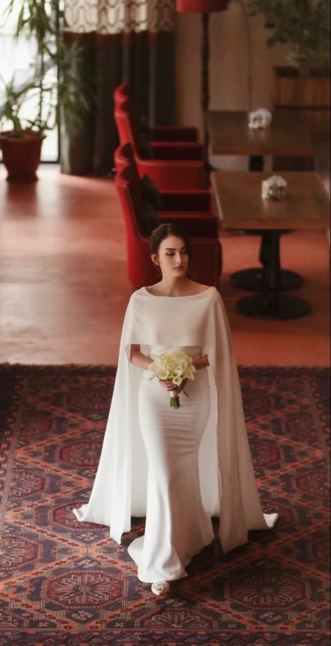 This dress is photographed by @shan.shaza on instagram and modeled by Bella Wedding Dress Cover, Cape Wedding, Bride Dress Simple, Cape Wedding Dress, Classy Wedding Dress, Minimalist Wedding Dresses, Bridal Cape, Elegant Dresses Classy, Classic Wedding Dress