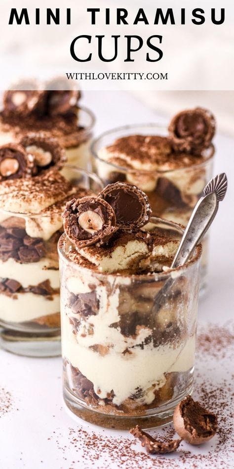 Tiramisu Cups Mini Tiramisu Cups, British Dessert Recipes, Individual Tiramisu, Kitty Recipes, Easy Dinner Party Desserts, Mini Tiramisu, Tiramisu Cups, Mascarpone Filling, Mini Dessert Cups