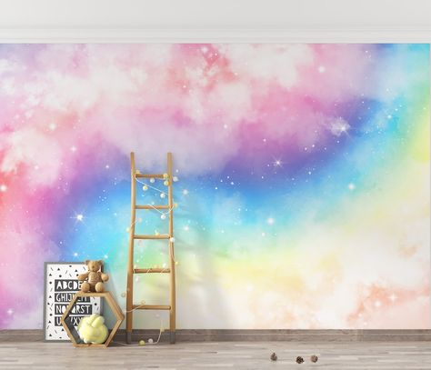 Cotton Candy Painted Walls, Purple And Blue Peel And Stick Wallpaper, Swirl Painted Wall, Sky Bedroom Ideas, Wall Painting Patterns Ideas, Galaxy Wall Paint Diy, Multi Colored Walls Paint Ideas, Spray Paint Walls Bedrooms, Girls Bedroom Paint Ideas