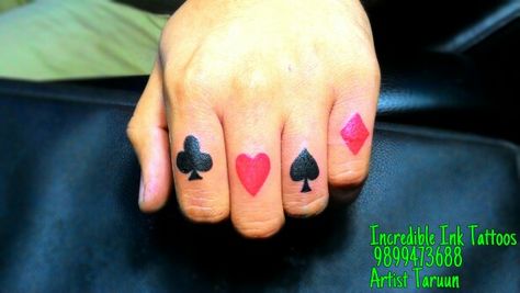 Playing cards symbols tattoo on fingers Card Symbol Tattoo Finger, Cards Symbols Tattoo, Watercolour Tattoo, Tattoo Training, Symbols Tattoo, Spade Tattoo, Believe Tattoos, Burning House, Suit Card