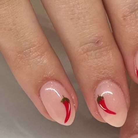 Nail Art For February, Hot Pepper Nails, Chile Pepper Nails, Nail Art For Summer 2024, Red Chili Pepper Nails, Chilli Nails Design, Chili Nail Art, Chili Pepper Nail Art, Red Hot Chili Peppers Nails