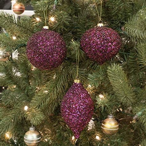 Plum Christmas, Purple Christmas Ornaments, Christmas Cottages, Glass Theme, Holiday Inspo, Christmas Material, Purple Christmas, Purple Plum, Ornament Hooks