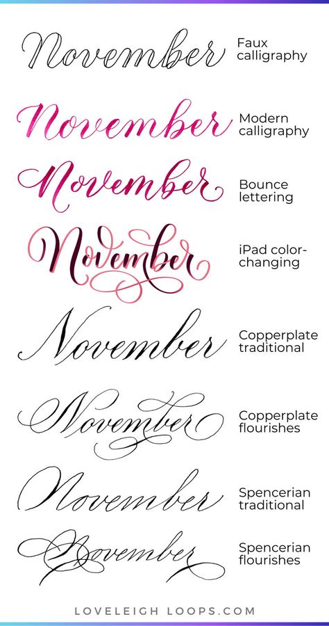 Learn to write Novemeber in calligraphy with this easy calligraphy tutorial from Loveleigh Loops! Here you'll find 8 beautiful calligraphy examples of the month November and each one comes with a quick lesson how to write it. If you're looking for a fun calligraphy project, the word November is a good place to start. Follow Loveleigh Loops for more calligraphy ideas and tutorials! November Calligraphy, Lettering Prompts, November Lettering, Easy Calligraphy, Fun Calligraphy, Calligraphy Writing Styles, Practice Calligraphy, Handwriting Practice Paper, Flourish Calligraphy