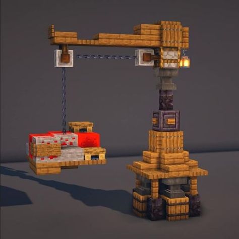 Mineshaft Design Minecraft, Minecraft Villager Trading Stands, Wood Castle Minecraft, Minecraft Medieval Chandelier, Mining Outpost Minecraft, Minecraft Crane Ideas, Minecraft Crane Medieval, Minecraft Trading Stall, Medieval Mine Minecraft