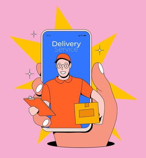 Online delivery service concept with han... | Premium Vector #Freepik #vector #hand #phone #man #box Delivery Guy Illustration, Phone Illustration Smartphone, Delivery Man Illustration, Illustration System, Delivery Illustration, Delivery Guy, Poster Project, Hand Phone, Delivery Bag