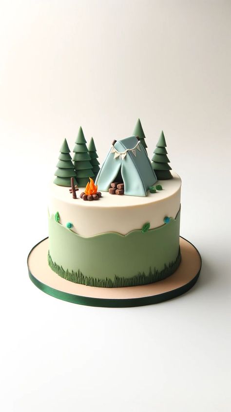 Outdoors Birthday Cake, Camping Birthday Party Cake, Camping Cake Ideas, Forest Theme Cakes, Camping Theme Cakes, Bonfire Cake, Camping Birthday Cake, Camper Cakes, Cake Base Recipe