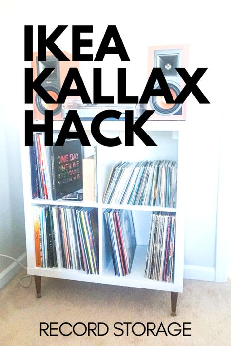 IKEA KALLAX Hack: Record Player Stand/Storage Record Player Stand Diy, Vinyl Record Storage Ikea, Record Player Storage, Vinyl Record Storage Diy, Record Player Setup, Vinyl Record Furniture, Record Album Storage, Diy Record, Kallax Hack