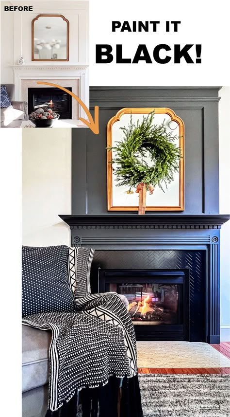 Paint it Black! Fireplace makeover Repaint Fireplace Mantle, Decorating A Black Fireplace, Painting A Mantle Black, Painted Drywall Fireplace, Fireplace Built Ins Black, White Room Black Fireplace, Paint Mantle Black, Dark Painted Fireplace Wall, Living Room Designs Black Fireplace