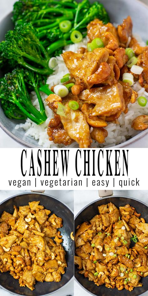 Collage of three pictures of the Cashew Chicken: Top picture shows a large plate with the Cashew Chicken served over Rice and Broccoli. Bottom pictures are a top view on pan with the ready cooked Cashew Chicken. A text with the recipe title separates the three pictures. Chicken With Rice, 30 Minute Meals Easy, Eating Vegan, Vegan Chicken, Vegan Christmas Recipes, Light Meals, Healthy Comfort, Cashew Chicken, Dairy Free Diet