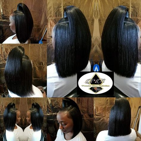 Half Up Half Down Bob Weave, Ponytail Bob, Bob Half Up Half Down, Quick Weave Bob With Bangs, Pom Pom Ponytail Black Women, Quick Weave Ponytail, Bob Ponytail, Quick Weave Half Up Half Down, Half Up Half Down Bob