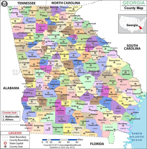 Map of #Georgia, USA showing the counties of the state. Map Of Georgia, Us State Map, Atlanta City, Georgia Map, County Map, Wall Map, Georgia Usa, Printable Maps, Georgia State