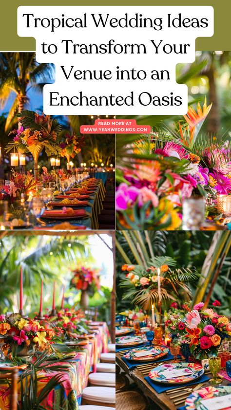 A beautiful tropical wedding setup featuring vibrant flowers, palm leaves, tiki torches, and colorful linens, creating an enchanting oasis. Navy Tropical Wedding, Tropical Wedding Ideas Inspiration, Tiki Wedding Reception, Tropical Wedding Theme Decor, Tropical Wedding Colors, Caribbean Wedding Theme, Rainforest Wedding, Tiki Wedding, Tropical Wedding Ideas