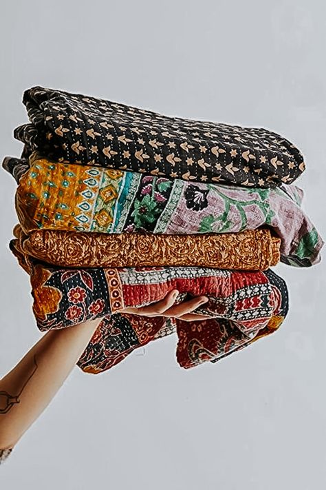 Amber Interiors Shoppe, Hang Curtains High, Apartment Planning, Affordable Curtains, Kantha Bedding, Kantha Throw Blanket, Indian Navy, Pink Quilts, Kantha Quilts