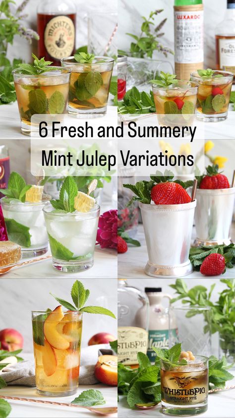 A matrix of six mint julep cocktails, all incorporating different seasonal fruit. Prosecco Mint Julep, Recipe For Mint Juleps, Summer Fruit Cocktails, Derby Food, Bourbon Drinks Recipes, Camp Hope, Mint Julep Bar, Julep Recipe, Mint Julep Recipe