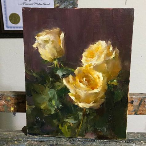 Yellow Rose Painting, Oil Painting Roses, Simple Oil Painting, Flower Oil Painting, Rose Oil Painting, Landscape Art Painting, Floral Oil Paintings, Floral Oil, 수채화 그림