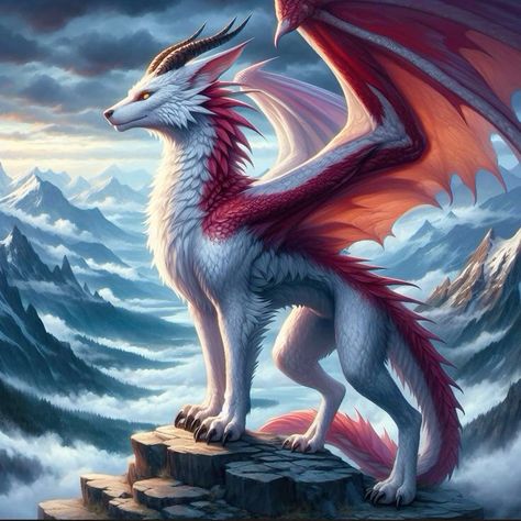 #fantasy Wolf Dragon Hybrid Drawing, Dragon Dog Hybrid, Lion Dragon Hybrid, Dragon Fox Hybrid, Fantasy Wolf Mythical Creatures, Dragon With Fur, Hybrid Animals Fantasy Creatures, Dragon Wolf Hybrid, Fantasy Hybrids