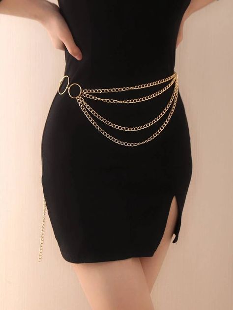 Black Dress Gold Belt, Gold Belts For Dresses, Waist Belt Outfit, Black Dress Outfit Casual, Gold Chain Belt, Man Dressing Style, Black Dress Outfits, Chain Belts, Gold Belts