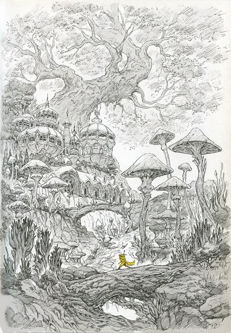 Forest Sketch, Pen Art Drawings, Landscape Sketch, Fantasy Drawings, Perspective Art, Architecture Drawing Art, Fantasy Forest, Landscape Drawings, Fantasy Art Landscapes