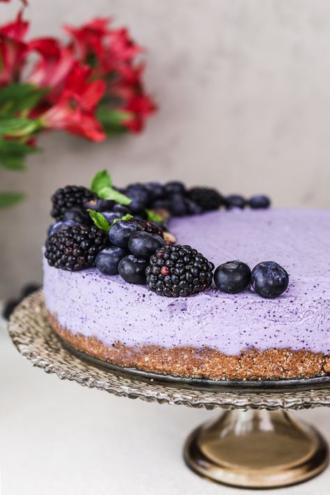 No-Bake Vegan Blueberry Cheesecake Using Cashews Vegan Blueberry Cheesecake, Cashew Cheesecake, Blueberry Cheesecake Recipe, No Bake Blueberry Cheesecake, Food Guilt, Vegan Cheesecake Recipe, Healthy Indian Recipes, Healthy Vegan Desserts, Vegan Blueberry