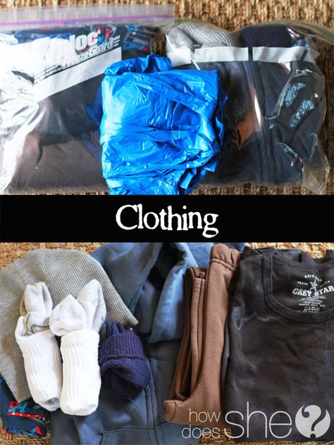 72-hour-packs I like that for clothes she suggests long sleeved shirts and sweat pants.  You can always cut clothes for warmer weather.  The sweat pant fit a child longer than regular pants. Rolled Blanket, Zombie Plan, Emergency Clothes, 72 Hour Kit, Emergency Prepardness, 72 Hour Kits, Emergency Food Storage, Emergency Preparation, Cut Clothes