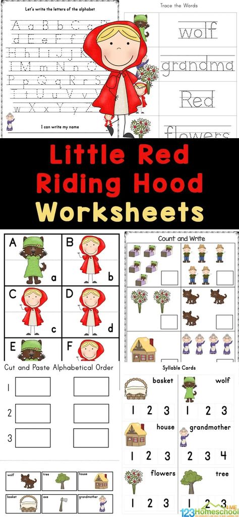 Have fun working on math and liteary with these free printable Little Red Riding Hood Worksheets. These Little red riding hood printables are perfect for kids in preschool, pre-k, kindergarten, and first graders.  In this pack of fairytale worksheet pages, children will be introduced this fairy tale while working on important skills. Simply print the kindergarten worksheets to learn fairy tales with a fun activity! Free Fairy Tale Printables, Fairy Tale Activities Preschool, Red Riding Hood Worksheets, Little Red Riding Hood Preschool, Little Red Riding Hood Craft, Little Red Riding Hood Activities, Fairy Tales Activities, Fairy Tale Math, Printable Puppets