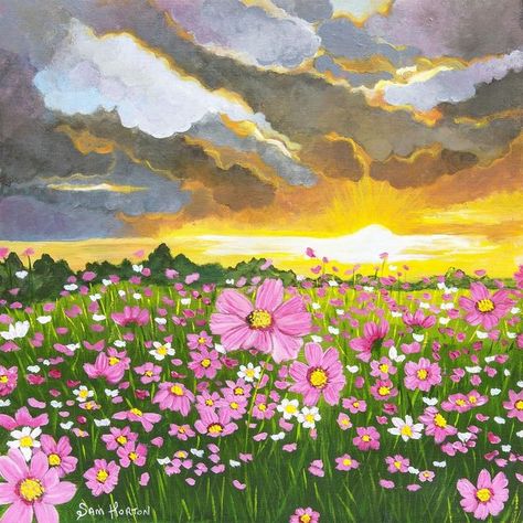 Sam Horton | Original Art | Prints | Australia on Instagram: "New painting featuring a field of pretty pink cosmos bouncing under a dramatic, moody sunset sky. That moment when the world turns to gold, before the night. The colours heart warming and reassuring that everything is temporary and that there is beauty and glory to be found in the messy middle.⁠ ⁠ Part of a collection of pretty Floral Landscapes, exploring fields of flowers and dramatic skies to evoke a feeling of breathtaking peace a Painted Flower Field, Painted Field Of Flowers, Flower Field Illustration Art, Sunny Field Of Flowers, Pink Flower Field Painting, Poetry Painting, Everything Is Temporary, Cosmos Art, Large Scale Art