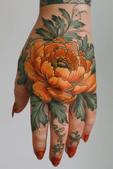 November Birth Flower Tattoo Ideas Rose Daffodil Chrysanthemum Tattoo, November Birth Flowers Tattoo, November Birth Flower Tattoo Ideas, Marigold Hand Tattoo, Neo Traditional Marigold Tattoo, Crystanthium Flower Tattoo, Upper Back Flower Tattoo, Autumn Flowers Tattoo, Calendula Tattoo