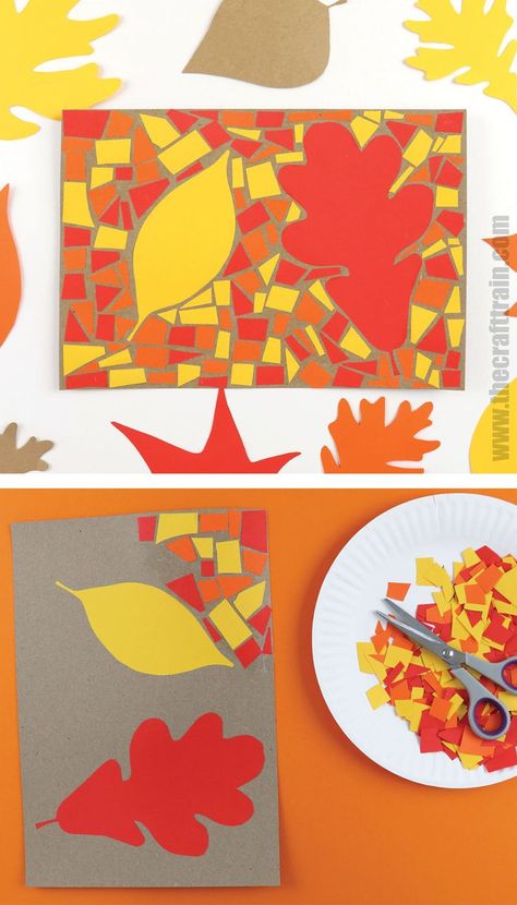 leaf artwork for Fall made from paper mosaic Paper Mosaic, Fall Arts And Crafts, Fall Art Projects, Diy Thanksgiving, Elementary Art Projects, Homeschool Art, Fall Crafts For Kids, Autumn Crafts, Kindergarten Art