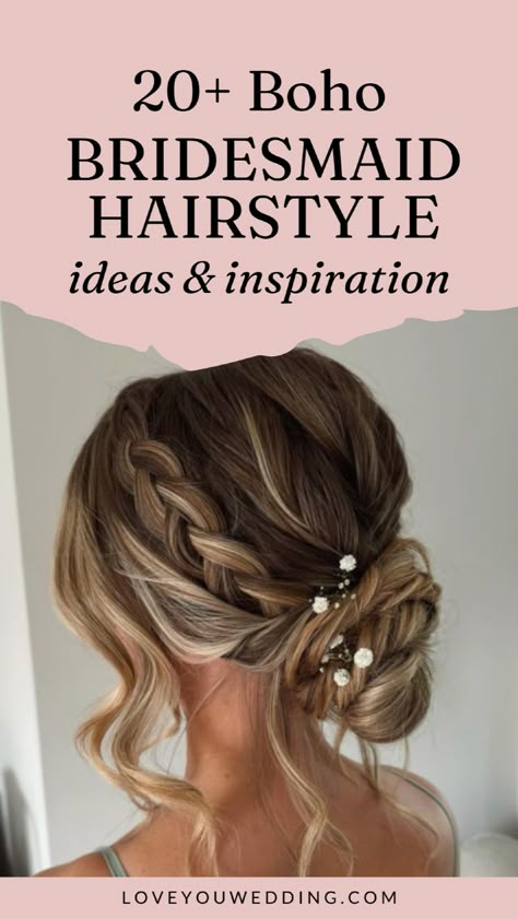 23 Best Boho Bridesmaid Hairstyles for 2024. Looking for ideal boho bridesmaid hair ideas? Click through for 23 stunning bohemian bridesmaid hairstyles for long, short, and medium length hair. Whether it's bridesmaid hair with braids, updos, half up, long hair, or flower crowns, we have the best boho wedding hairstyles for your bridesmaids! Wedding Bohemian Hair, Bride And Bridesmaid Hairstyles, Bridesmaid Summer Hair, Simple Maid Of Honor Hair, Wedding Hairstyles Medium Length Bridesmaid Simple Easy Updo, Vow Renewal Hairstyles, Updos For Medium Length Hair Bridesmaid, Wedding Hairstyles For Hot Weather, Medium Length Hair Bridesmaid Style