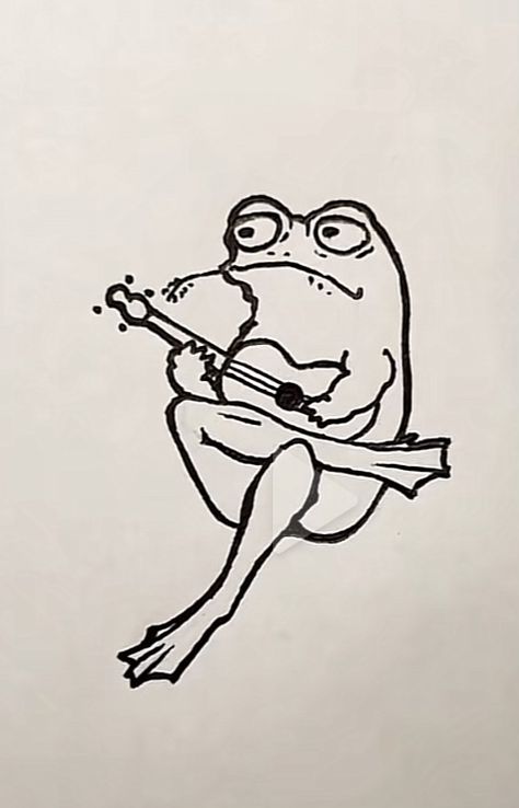 Ukulele Tattoo, Frog Sketch, Guitar Drawing, Feather Tattoo Design, Frog Tattoos, Frog Drawing, Funny Tattoos, Cartoon Tattoos, Easy Doodles Drawings