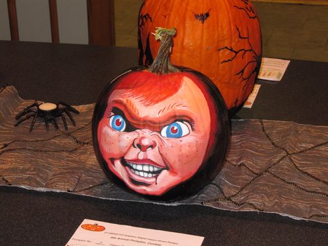 Halloween 2010: Chucky pumpkin Chucky Pumpkin Painting, Chucky Pumpkin, Halloween 2010, Chucky Halloween, Creative Pumpkin Painting, Pumpkin Contest, Instagram Username Ideas, Creative Pumpkins, Pumpkin Ideas