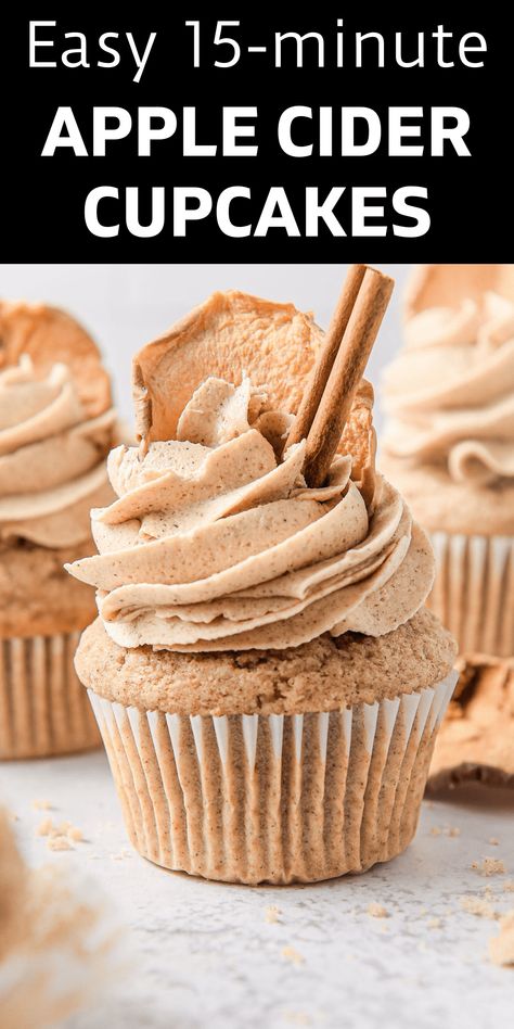 Apple cider cupcakes combine the unmistakable flavor of apple with earthy, warm cinnamon and a rich vanilla buttercream frosting. Apple Cider Frosting, Apple Cinnamon Cupcakes Recipe, Apple Cider Buttercream, Apple Frosting, Fall Cupcake Ideas, Fall Cupcakes Recipes, Apple Cider Cupcakes, Fall Sweets, Apple Pie Cupcakes