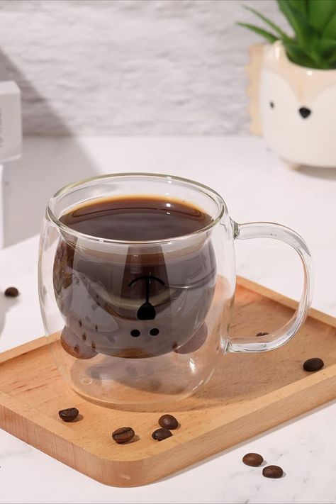 The adorable little bear's head is reflected in your coffee cup. So cute.🐻 Enjoy Your Coffee, Double Wall Glass, Heat Resistant Glass, Glass Mug, Coffee Drinkers, Unique Coffee Mugs, Unique Coffee, Eco Friendly Gifts, Coffee Lover Gifts