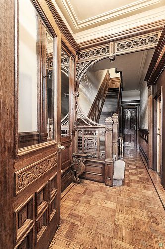 Brooklyn Hancock Street 1892 brownstone foyer Victorian woodwork | by techpro12 New York Brownstone Interior, Victorian Woodwork, Victorian Home Interior, Victorian Interior, Victorian Interiors, Mansion Interior, Foyer Decorating, Victorian Architecture, Hallway Decorating